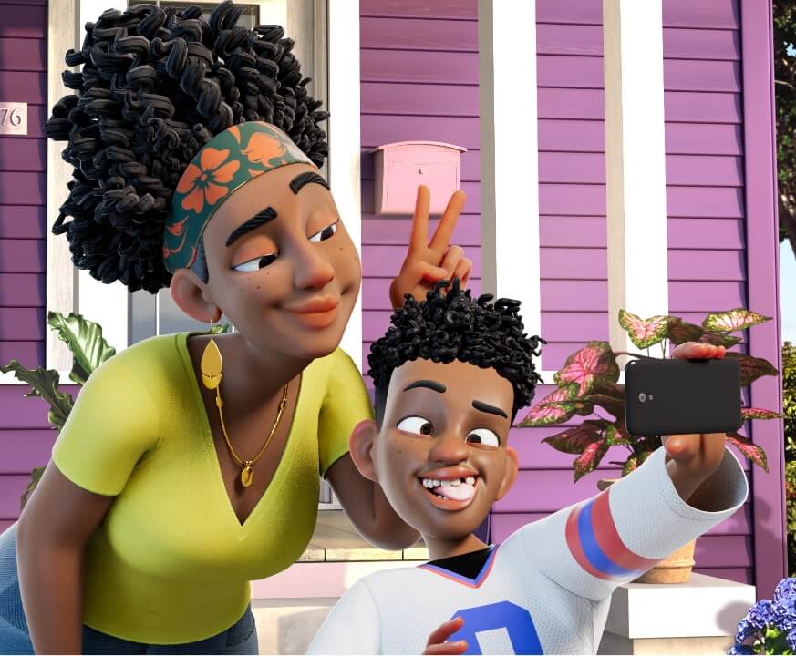 Illustrated image of mom and son taking a selfie at purple house