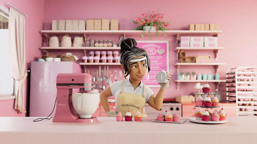 Animated woman in pink bakery holding up baking timer