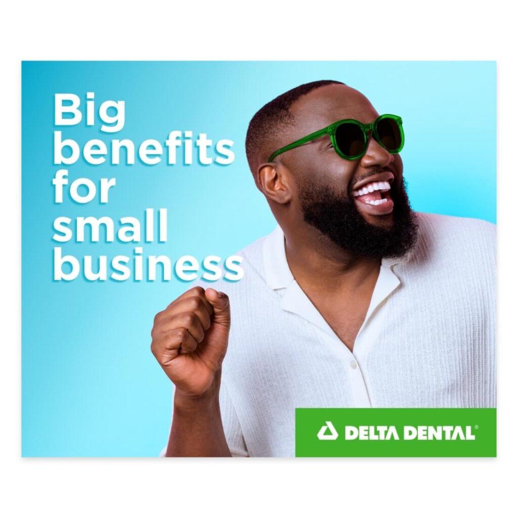 Happy smiling man with green glasses in Delta Dental ad