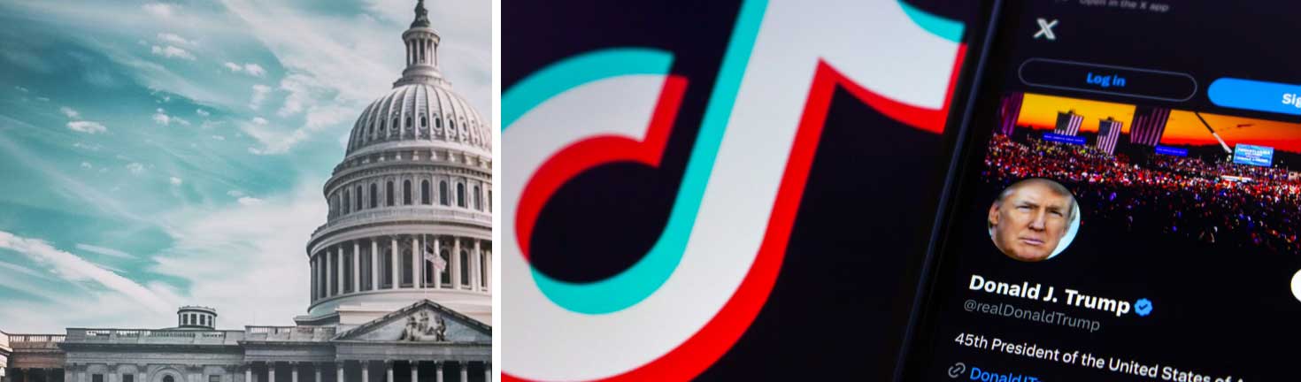 A composite digital image featuring the U.S. Capitol building on the left with a partly cloudy sky in the background, and a close-up of a smartphone screen on the right displaying the TikTok app with Donald J. Trump's verified profile, showing his name, profile picture, and a crowd at an event. The TikTok logo is also prominently visible.