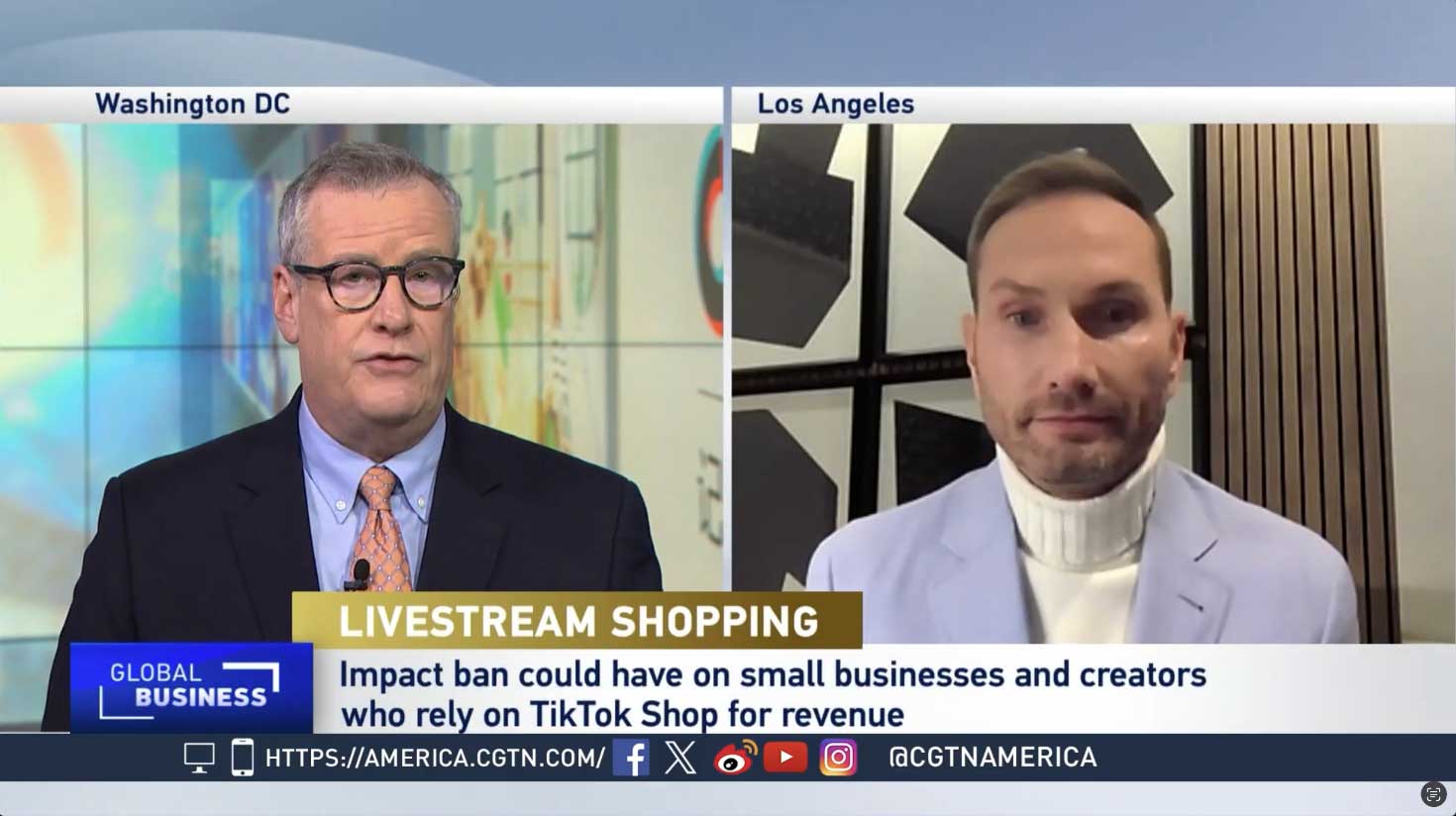 A split-screen news broadcast featuring two individuals discussing livestream shopping. On the left, a news anchor in Washington DC is wearing glasses, a dark suit, and an orange tie, speaking in front of a colorful newsroom background. On the right, a guest in Los Angeles is dressed in a light-colored blazer and white turtleneck, sitting in front of a modern interior with geometric wall art. The headline reads "LIVESTREAM SHOPPING: Impact ban could have on small businesses and creators who rely on TikTok Shop for revenue," with the CGTN America website and social media handles displayed at the bottom.