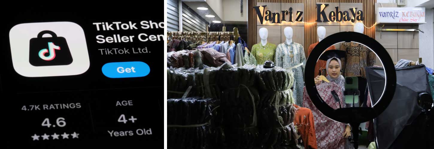 A composite digital image showing two scenes related to TikTok Shop. On the left, a smartphone screen displays the TikTok Shop Seller Center app with its logo, rating of 4.6 stars, and an age rating of 4+. On the right, a woman in a headscarf is conducting a livestream shopping session in a clothing store named "Vanriz Kebaya," surrounded by traditional garments and mannequins, with a ring light and smartphone setup in front of her.